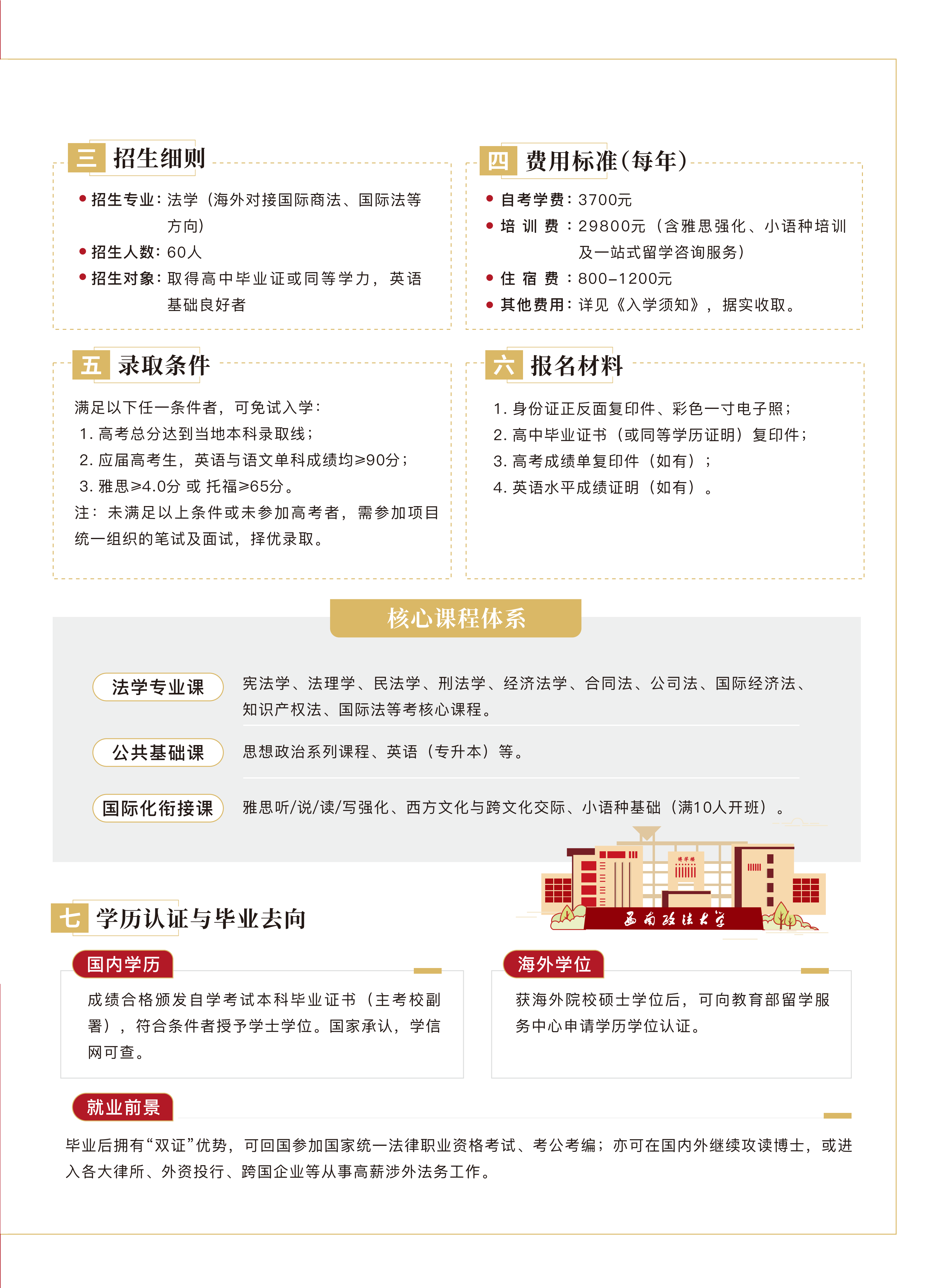 西南政法大学|全国高等教育自学考试法学+出国留学班招生简章